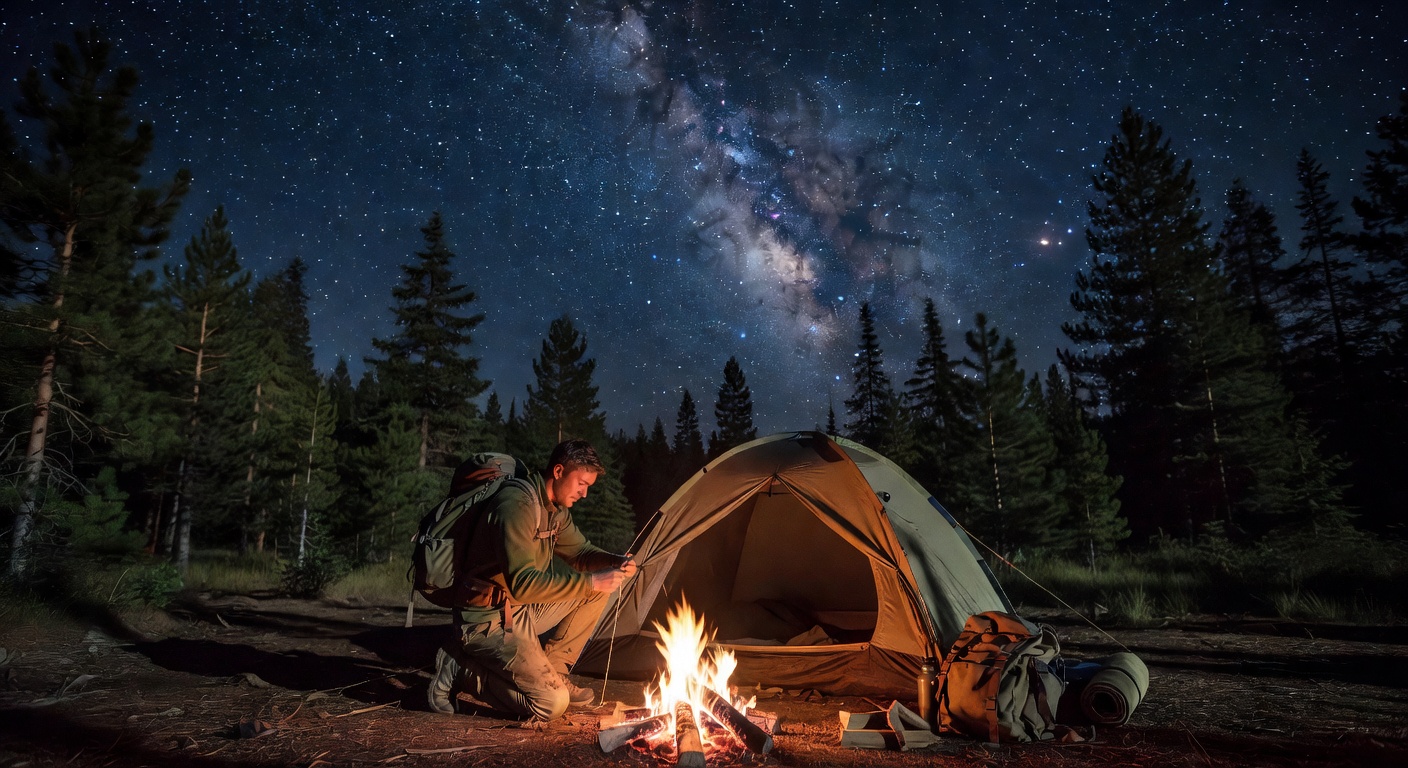 Solo backpacker camping under stars