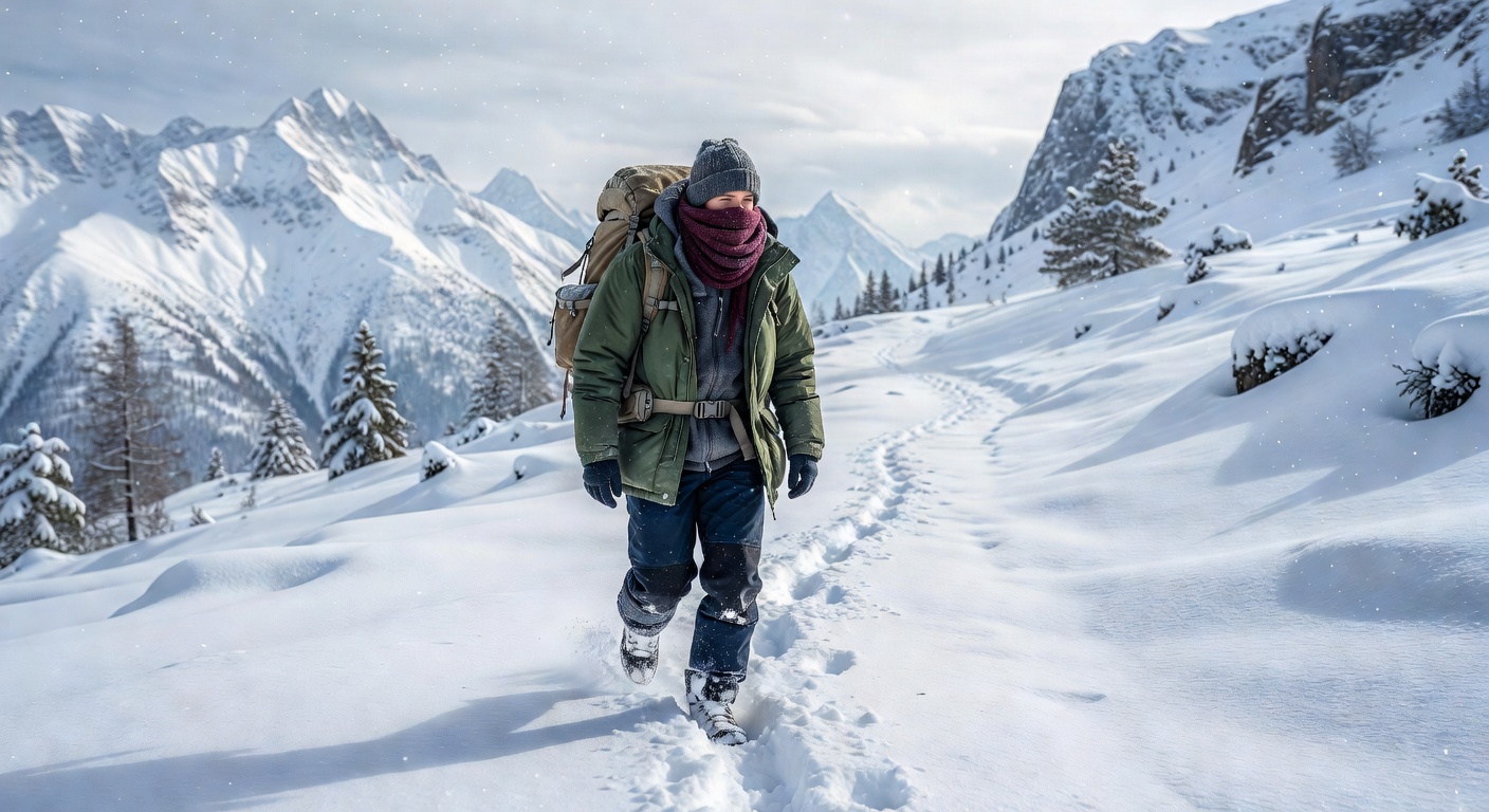 Solo backpacker on snowy path