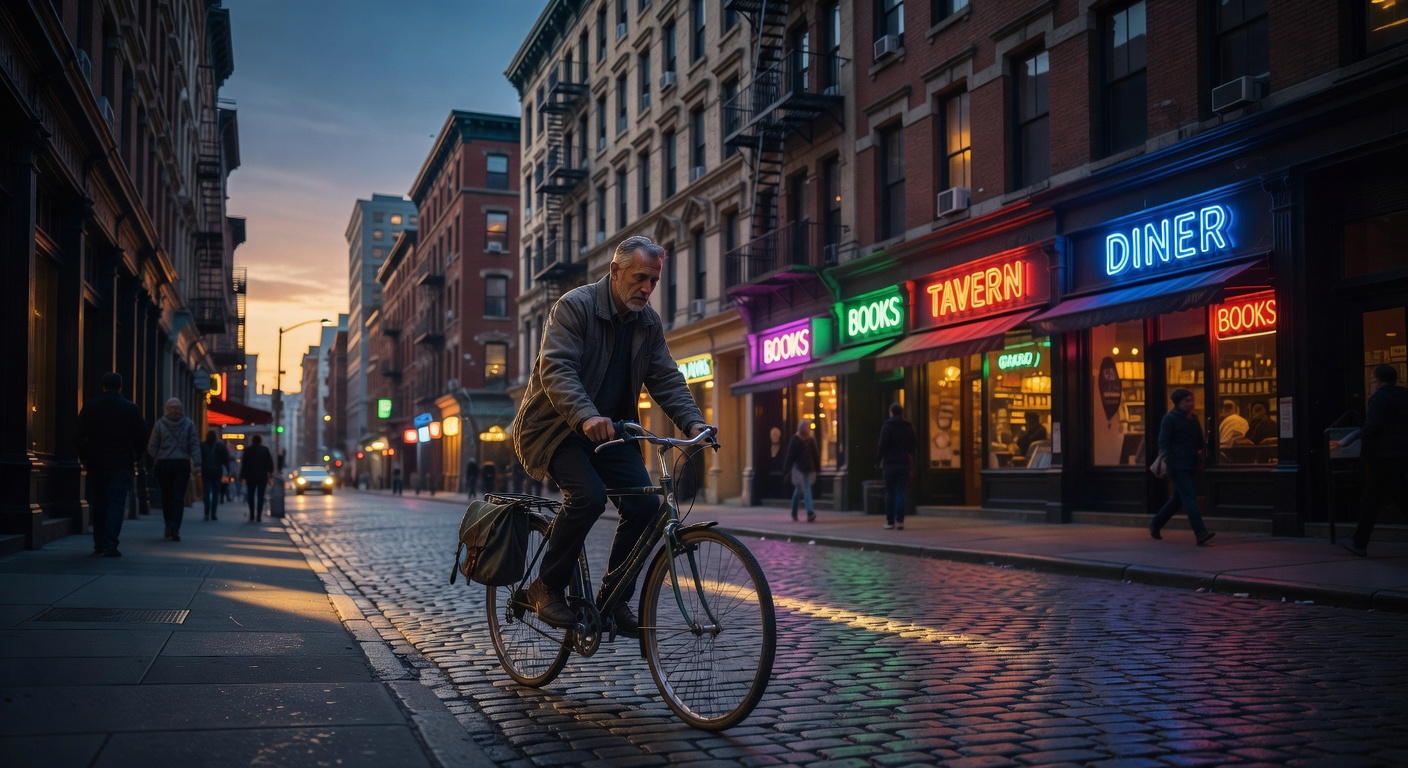 Solo cyclist in city at dusk