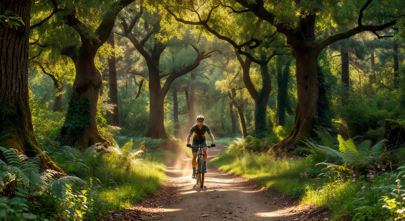 Solo cyclist on forest trail