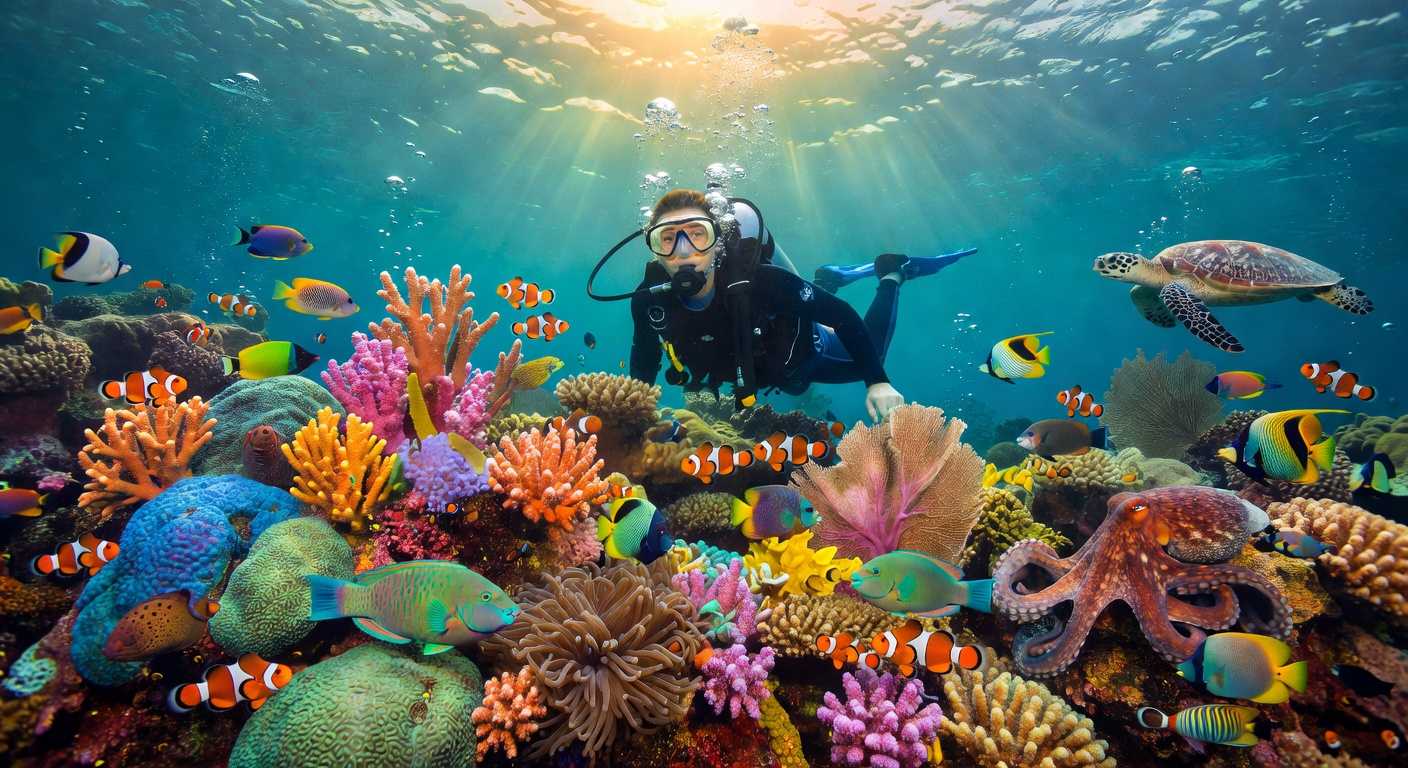 Solo diver at coral reef