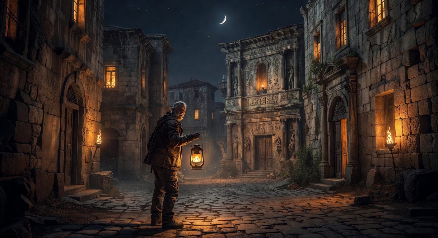 Solo explorer in city at night