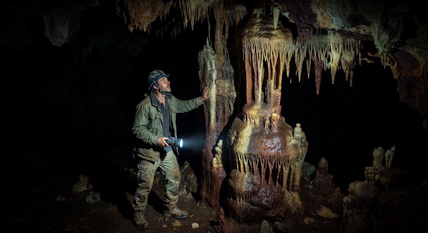 Solo explorer in dark cave