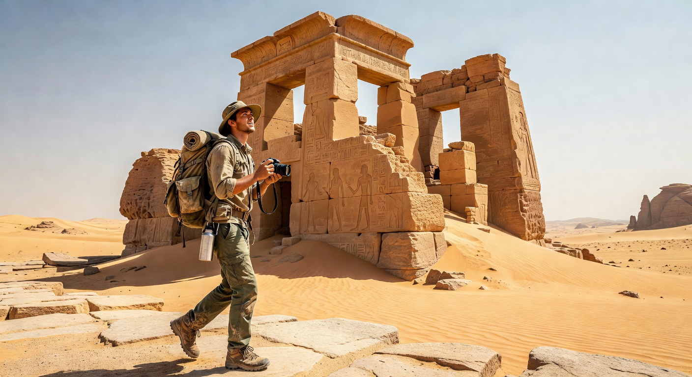 Solo explorer at desert ruins