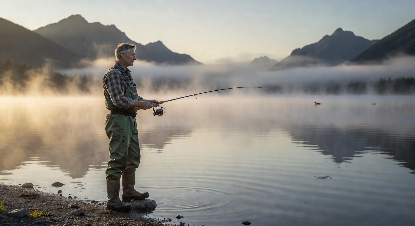 Solo fisherman at lake dawn