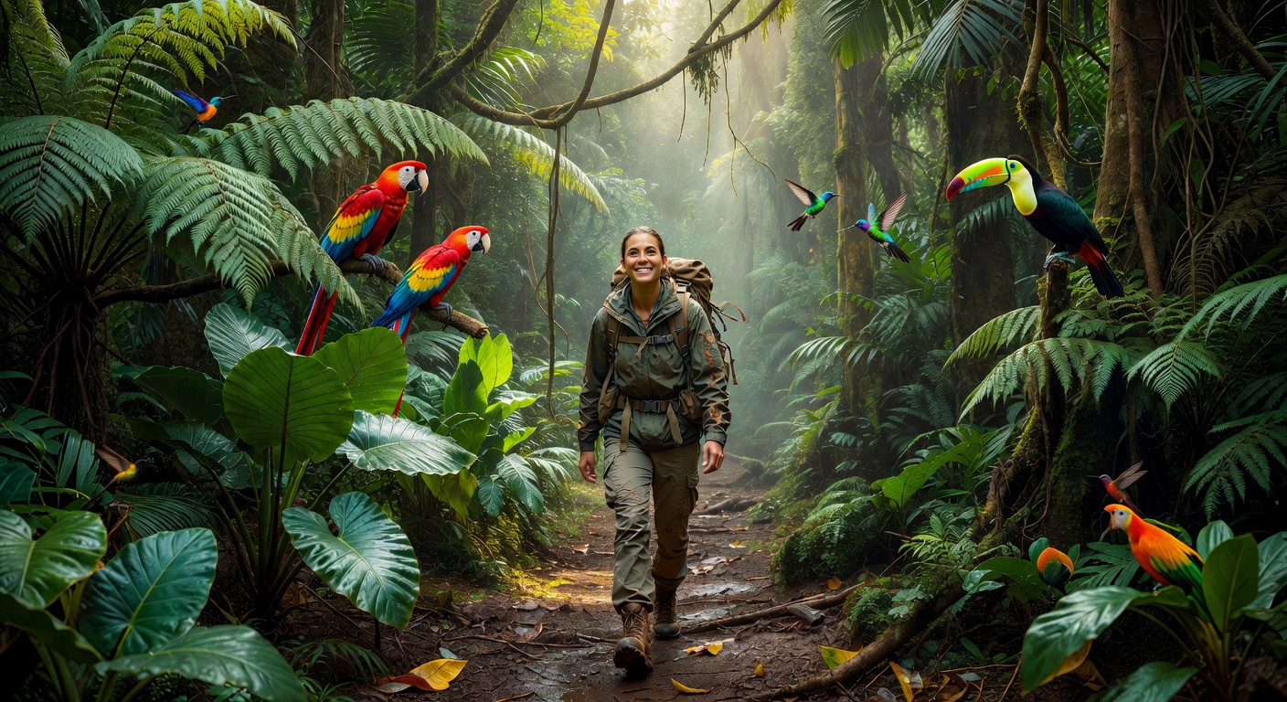Solo hiker in rainforest