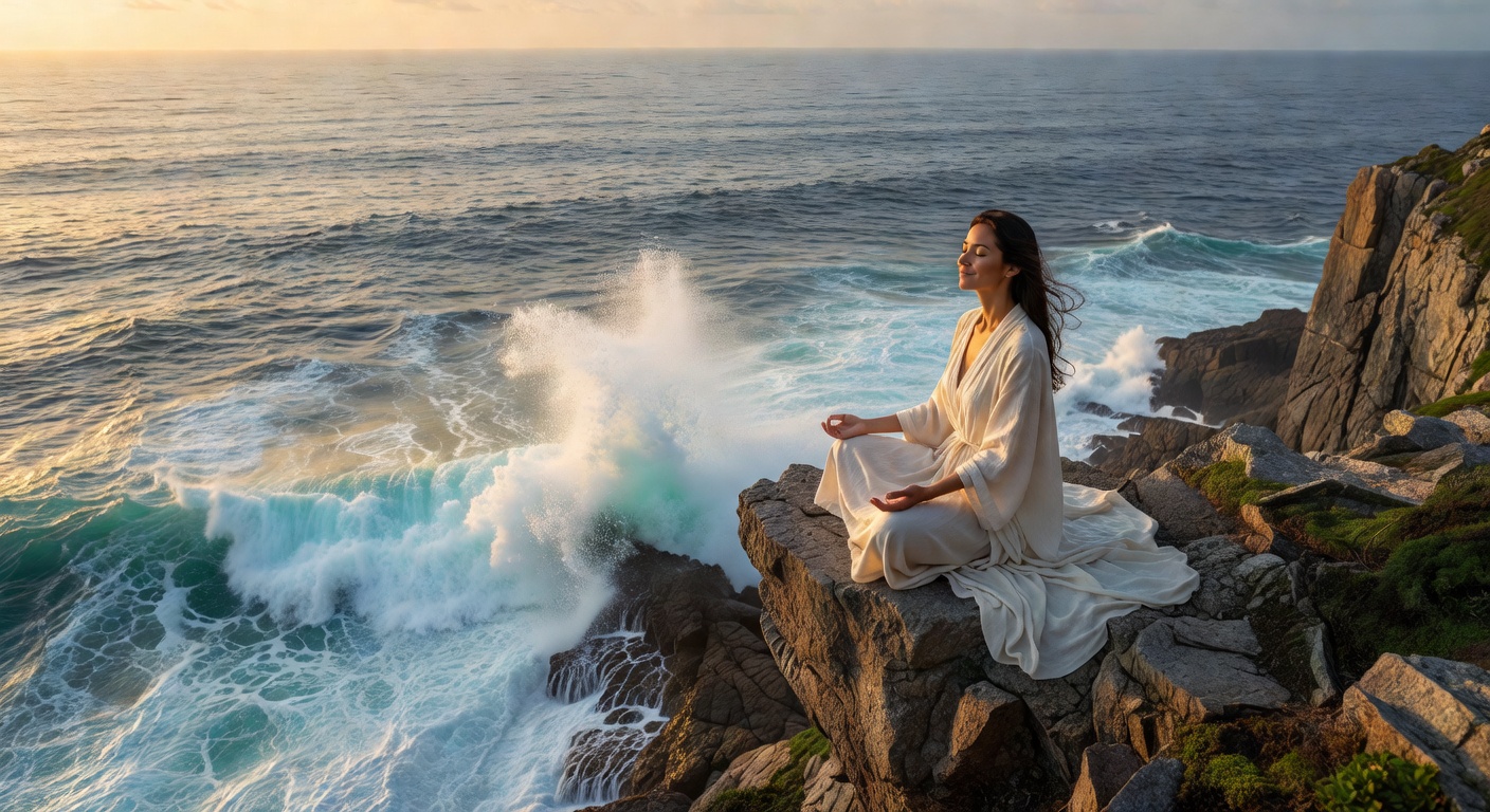 Solo meditator on ocean cliff