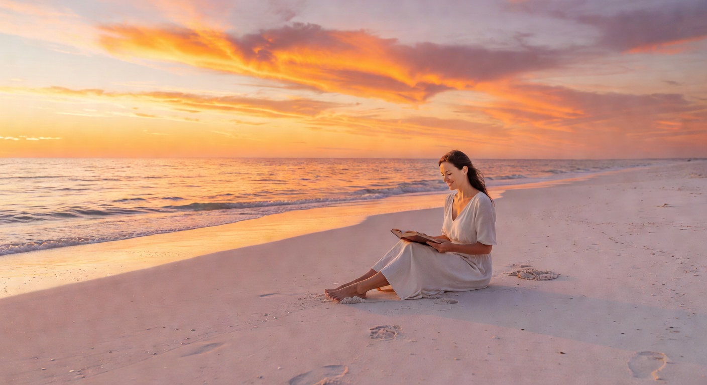 Solo traveler reading at sunset beach