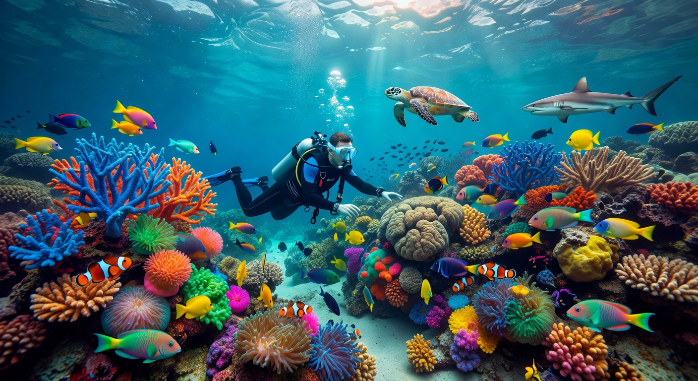 Solo scuba diver at coral reef