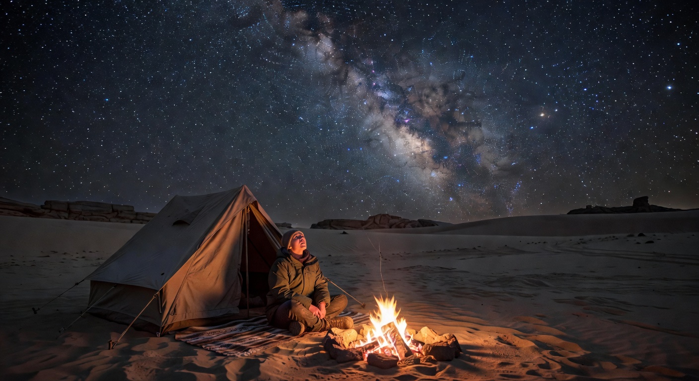 Solo stargazer at desert camp