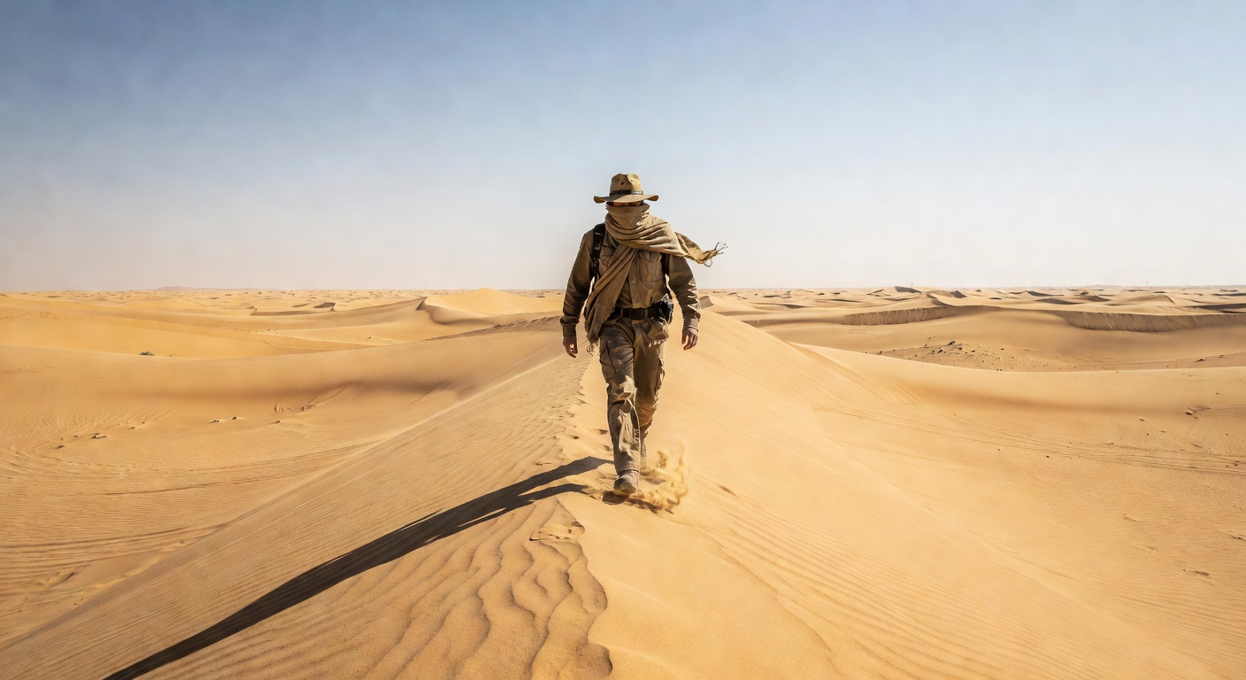 Solo trekker in desert dunes