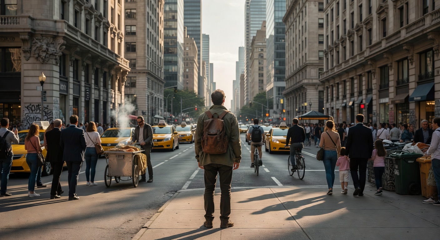 Solo wanderer on city street